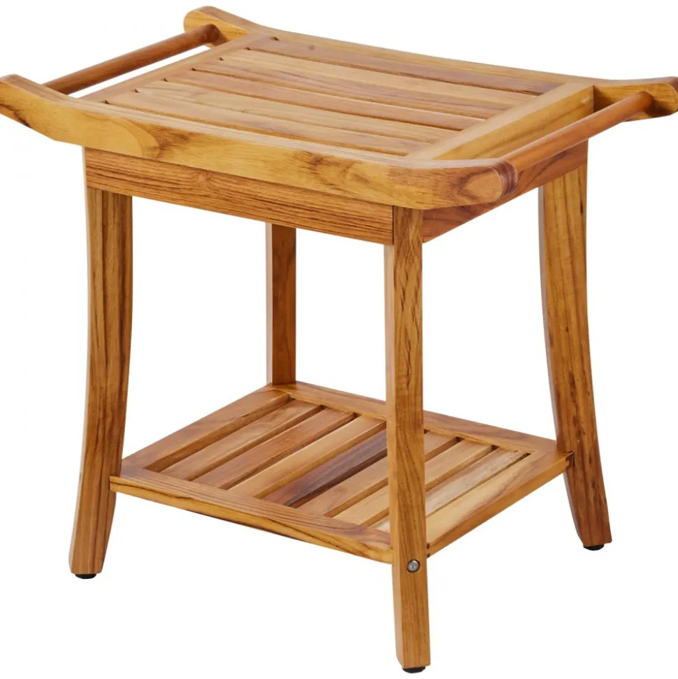 VEVOR Teak Shower Bench, 22 x 14.4 x 18.5 in, Waterproof Wood Shower Stool with Storage Shelf Handle Non-Slip Feet, 300 lbs Maximum Load Capacity Shower Chair Seat, for Bathroom Indoor and Outdoor Use