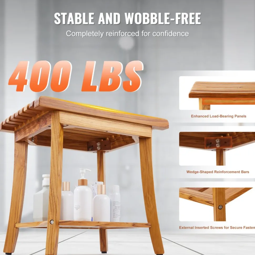 VEVOR Teak Shower Bench, 20 x 14.3 x 17.9 in, Waterproof Wood Shower Stool with Storage Shelf Non-Slip Foot Pads, 400 lbs Maximum Load Capacity Shower Chair Seat, for Bathroom Indoor and Outdoor Use