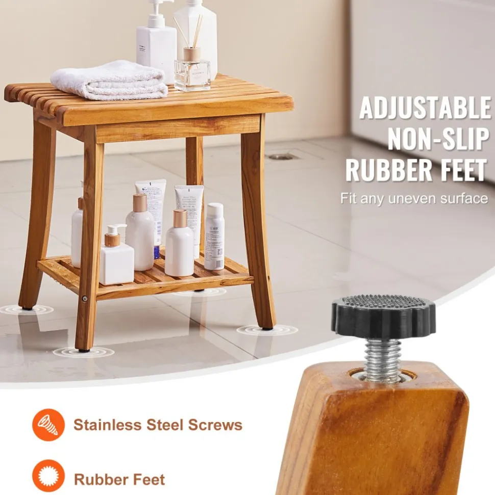 VEVOR Teak Shower Bench, 20 x 14.3 x 17.9 in, Waterproof Wood Shower Stool with Storage Shelf Non-Slip Foot Pads, 400 lbs Maximum Load Capacity Shower Chair Seat, for Bathroom Indoor and Outdoor Use