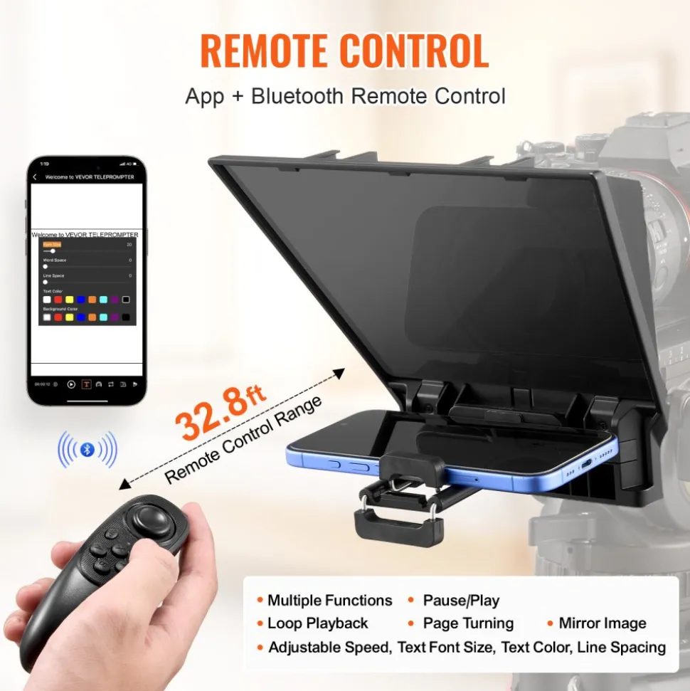 VEVOR Teleprompter, 8" Aluminum Alloy, Desktop Prompter with Adjustable Spectroscope, Remote Control, for YouTube, Twitch, Zoom, Supports DSLR/Webcam/Smartphone, for Video Recording/Live Streaming