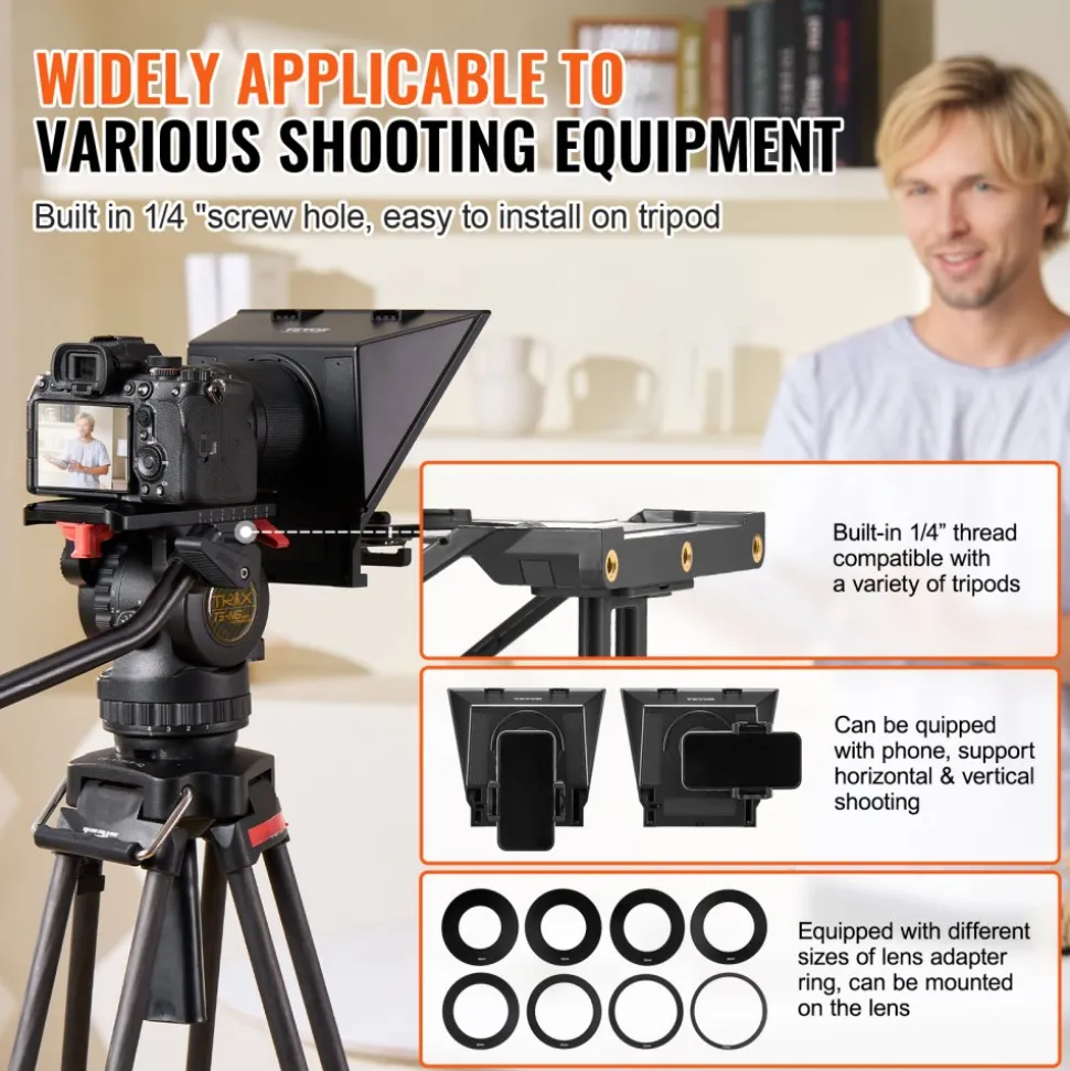 VEVOR Teleprompter, 8" Aluminum Alloy, Desktop Prompter with Adjustable Spectroscope, Remote Control, for YouTube, Twitch, Zoom, Supports DSLR/Webcam/Smartphone, for Video Recording/Live Streaming