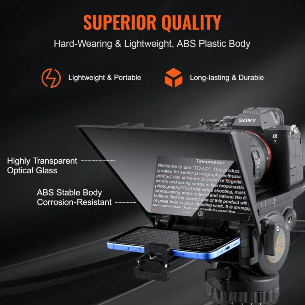 VEVOR Teleprompter, 8" Aluminum Alloy, Desktop Prompter with Adjustable Spectroscope, Remote Control, for YouTube, Twitch, Zoom, Supports DSLR/Webcam/Smartphone, for Video Recording/Live Streaming