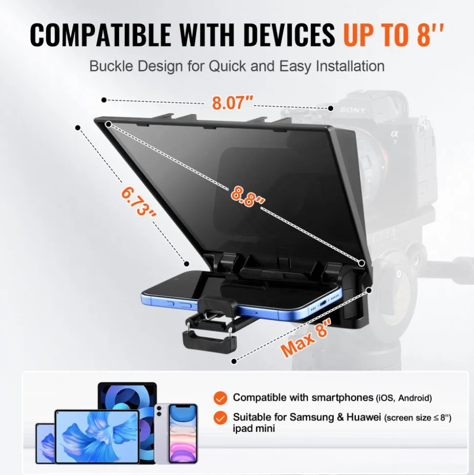 VEVOR Teleprompter, 8" Aluminum Alloy, Desktop Prompter with Adjustable Spectroscope, Remote Control, for YouTube, Twitch, Zoom, Supports DSLR/Webcam/Smartphone, for Video Recording/Live Streaming