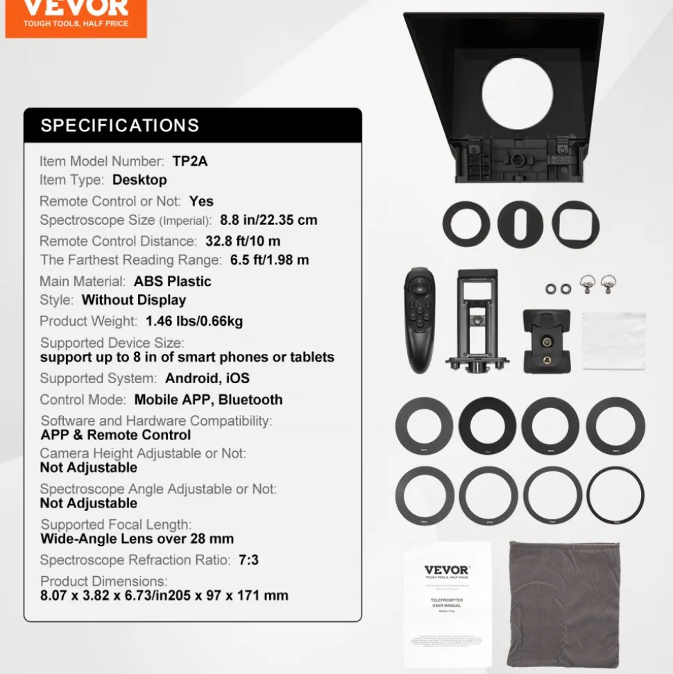 VEVOR Teleprompter, 8" Aluminum Alloy, Desktop Prompter with Adjustable Spectroscope, Remote Control, for YouTube, Twitch, Zoom, Supports DSLR/Webcam/Smartphone, for Video Recording/Live Streaming