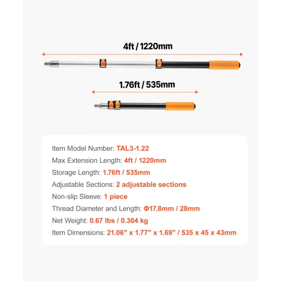 VEVOR Telescopic Extension Pole, 1.76-4 FT Multi-Purpose Extendable Pole, Sturdy Aluminum Alloy Paint Pole Extension with Flip-Lock Design, High Reach Roller Stick for Painting, Dusting and Cleaning