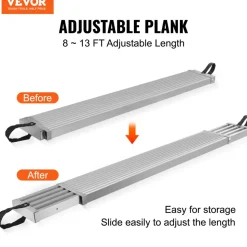 VEVOR Telescoping Aluminum Work Plank, 8-13 Feet 500lbs Capacity, 12.5 inch Width Aluminum Scaffold Plank,Extension Staging Plank with Skid-Proof Platform Scaffold Ladder Accessory