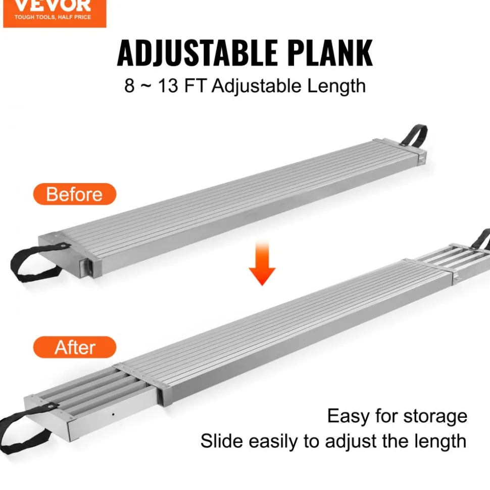 VEVOR Telescoping Aluminum Work Plank, 8-13 Feet 500lbs Capacity, 12.5 inch Width Aluminum Scaffold Plank,Extension Staging Plank with Skid-Proof Platform Scaffold Ladder Accessory