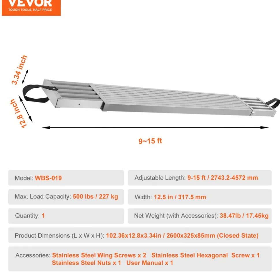 VEVOR Telescoping Aluminum Work Plank, 9-15 Feet 500lbs Capacity, 12.5 inch Width Aluminum Scaffold Plank,Extension Staging Plank with Skid-Proof Platform Scaffold Ladder Accessory