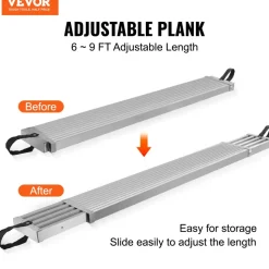 VEVOR Telescoping Aluminum Work Plank, 6-9 Feet 500lbs Capacity, 12.5 inch Width Aluminum Scaffold Plank,Extension Staging Plank with Skid-Proof Platform Scaffold Ladder Accessory