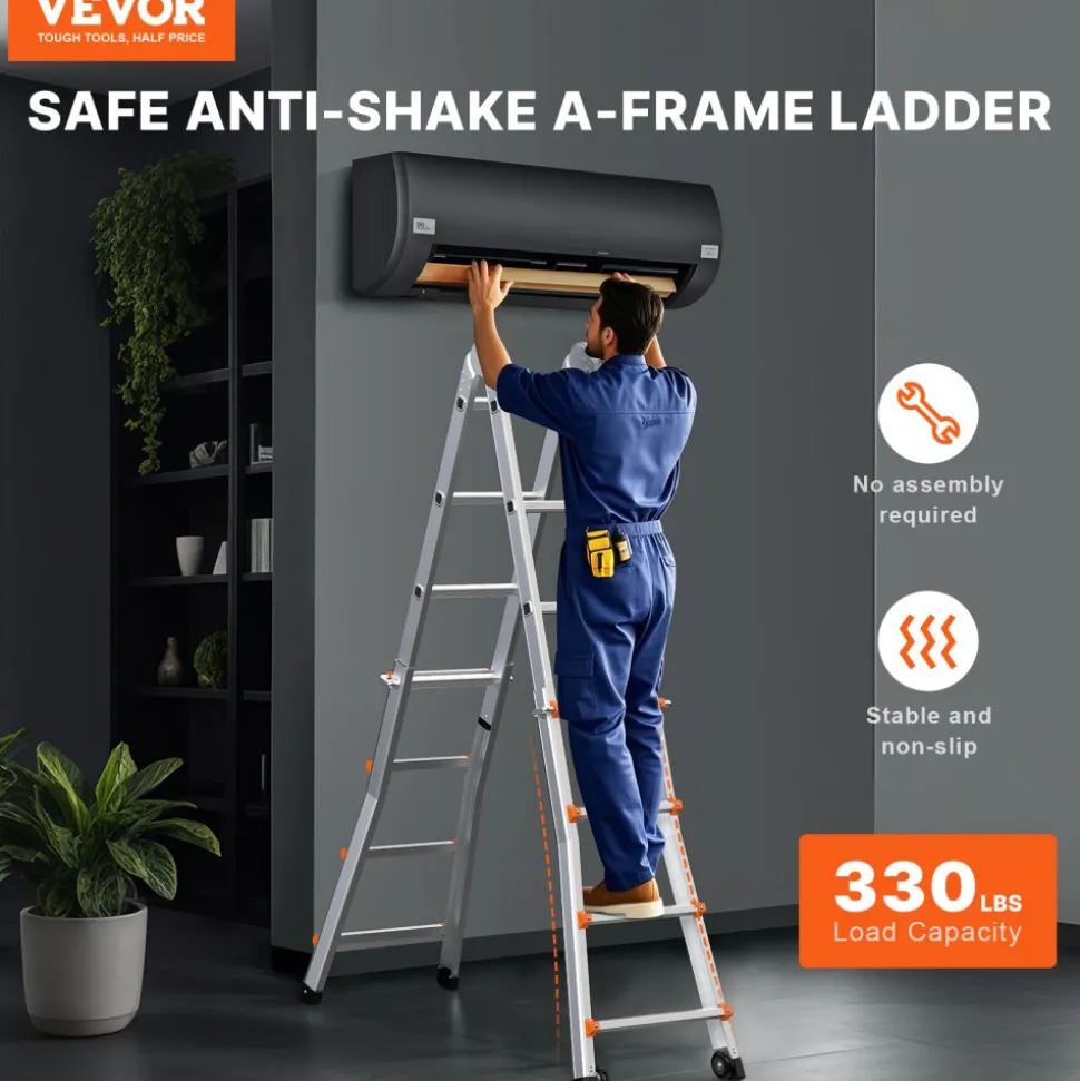 VEVOR Telescoping Ladder A Frame, 17 FT Compact Aluminum Extension Ladder, Multi-Function Portable Collapsible RV Ladder, Telescopic Ladder for Homework Stairs Indoor Outdoor Roof, 330lb Load