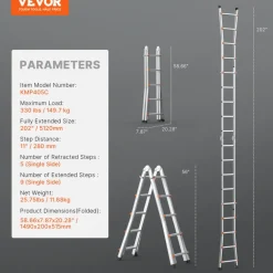 VEVOR Telescoping Ladder A Frame, 17 FT Compact Aluminum Extension Ladder, Multi-Function Portable Collapsible RV Ladder, Telescopic Ladder for Homework Stairs Indoor Outdoor Roof, 330lb Load