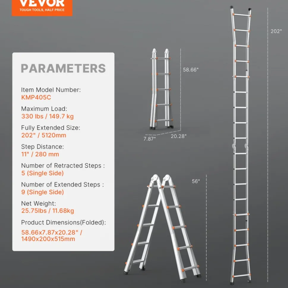 VEVOR Telescoping Ladder A Frame, 17 FT Compact Aluminum Extension Ladder, Multi-Function Portable Collapsible RV Ladder, Telescopic Ladder for Homework Stairs Indoor Outdoor Roof, 330lb Load