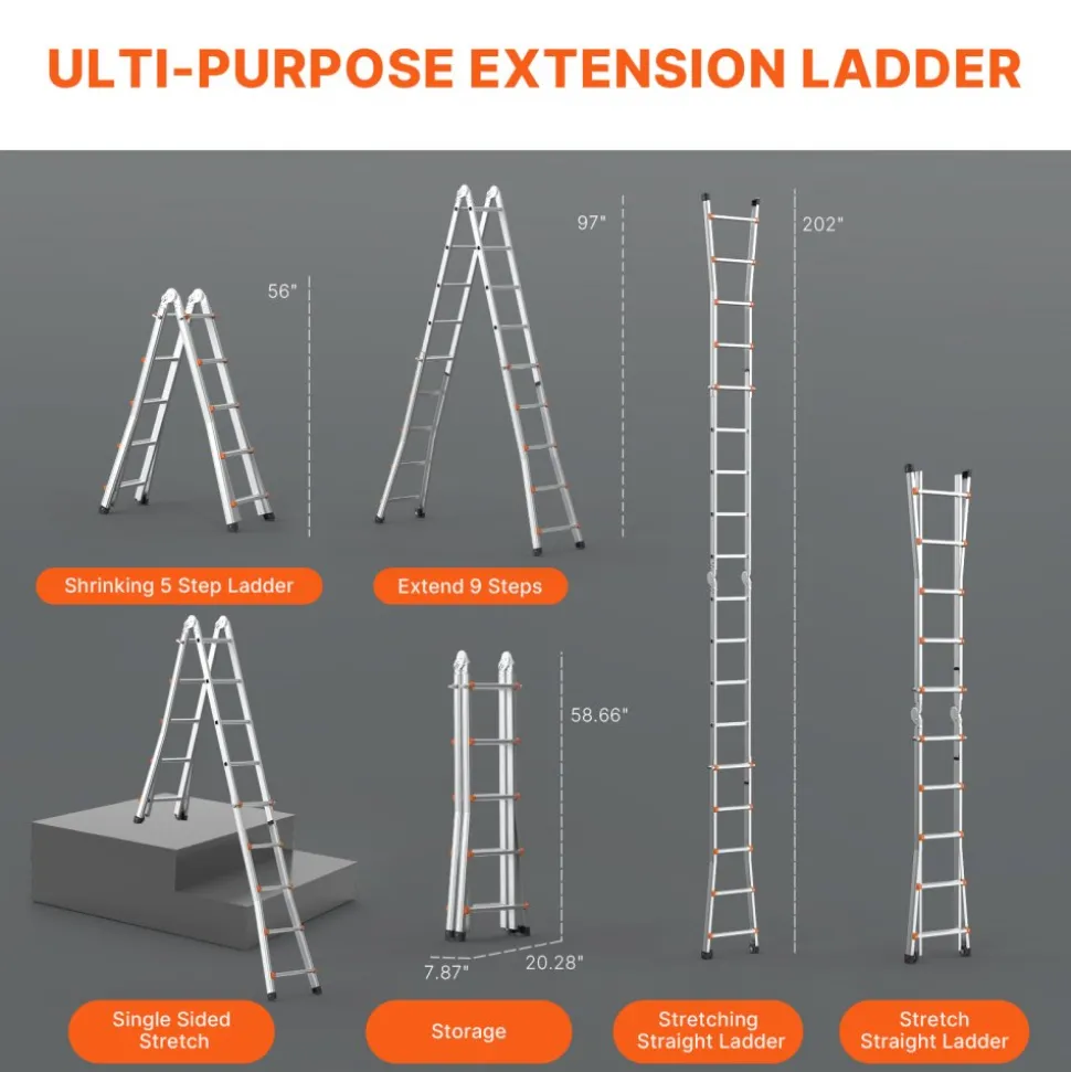 VEVOR Telescoping Ladder A Frame, 17 FT Compact Aluminum Extension Ladder, Multi-Function Portable Collapsible RV Ladder, Telescopic Ladder for Homework Stairs Indoor Outdoor Roof, 330lb Load