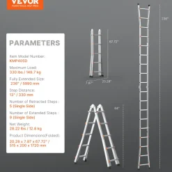 VEVOR Telescoping Ladder A Frame, 20 FT Compact Aluminum Extension Ladder, Multi-Function Portable Collapsible RV Ladder, Telescopic Ladder for Homework Stairs Indoor Outdoor Roof, 330lb Load