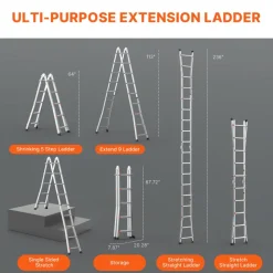 VEVOR Telescoping Ladder A Frame, 20 FT Compact Aluminum Extension Ladder, Multi-Function Portable Collapsible RV Ladder, Telescopic Ladder for Homework Stairs Indoor Outdoor Roof, 330lb Load