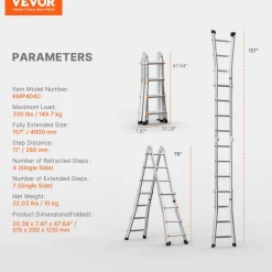 VEVOR Telescoping Ladder A Frame, 13 FT Compact Aluminum Extension Ladder, Multi-Function Portable Collapsible RV Ladder, Telescopic Ladder for Homework Stairs Indoor Outdoor Roof, 330lb Load