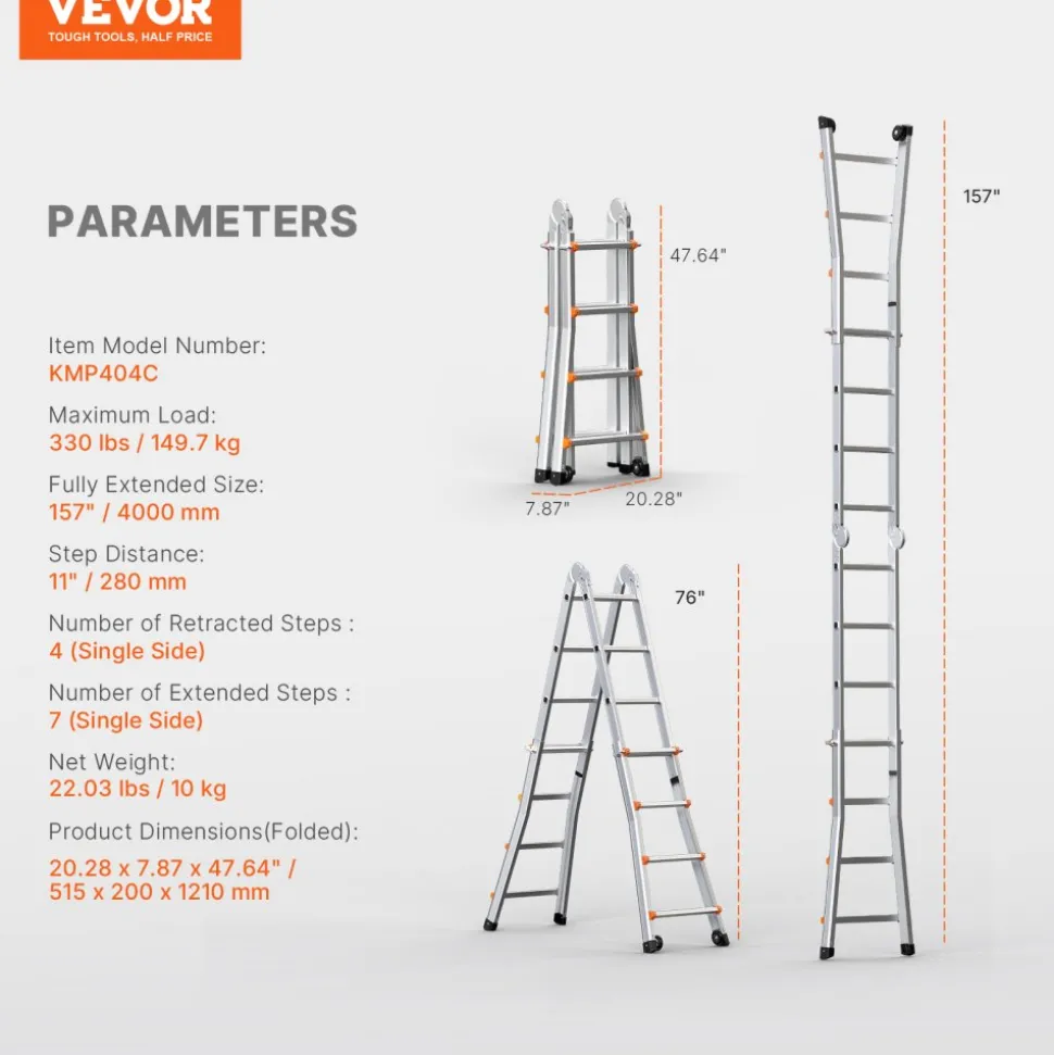 VEVOR Telescoping Ladder A Frame, 13 FT Compact Aluminum Extension Ladder, Multi-Function Portable Collapsible RV Ladder, Telescopic Ladder for Homework Stairs Indoor Outdoor Roof, 330lb Load