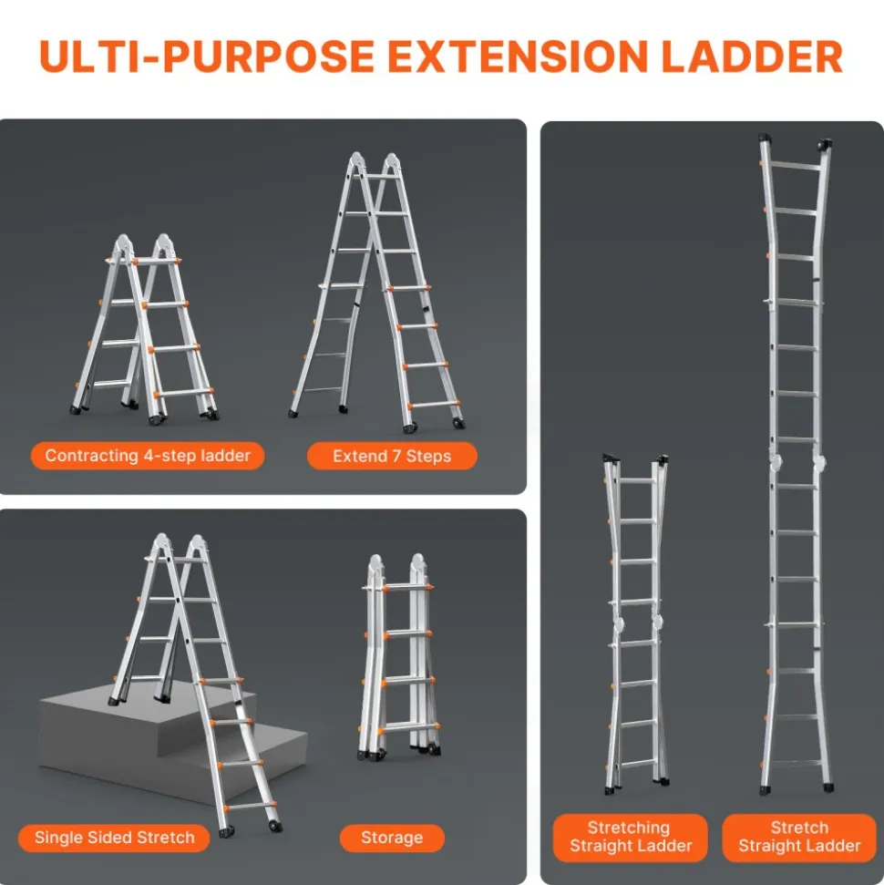 VEVOR Telescoping Ladder A Frame, 13 FT Compact Aluminum Extension Ladder, Multi-Function Portable Collapsible RV Ladder, Telescopic Ladder for Homework Stairs Indoor Outdoor Roof, 330lb Load