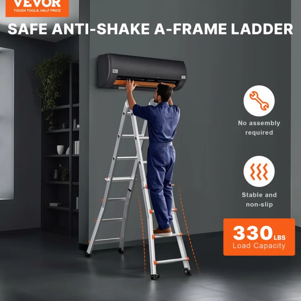 VEVOR Telescoping Ladder A Frame, 13 FT Compact Aluminum Extension Ladder, Multi-Function Portable Collapsible RV Ladder, Telescopic Ladder for Homework Stairs Indoor Outdoor Roof, 330lb Load