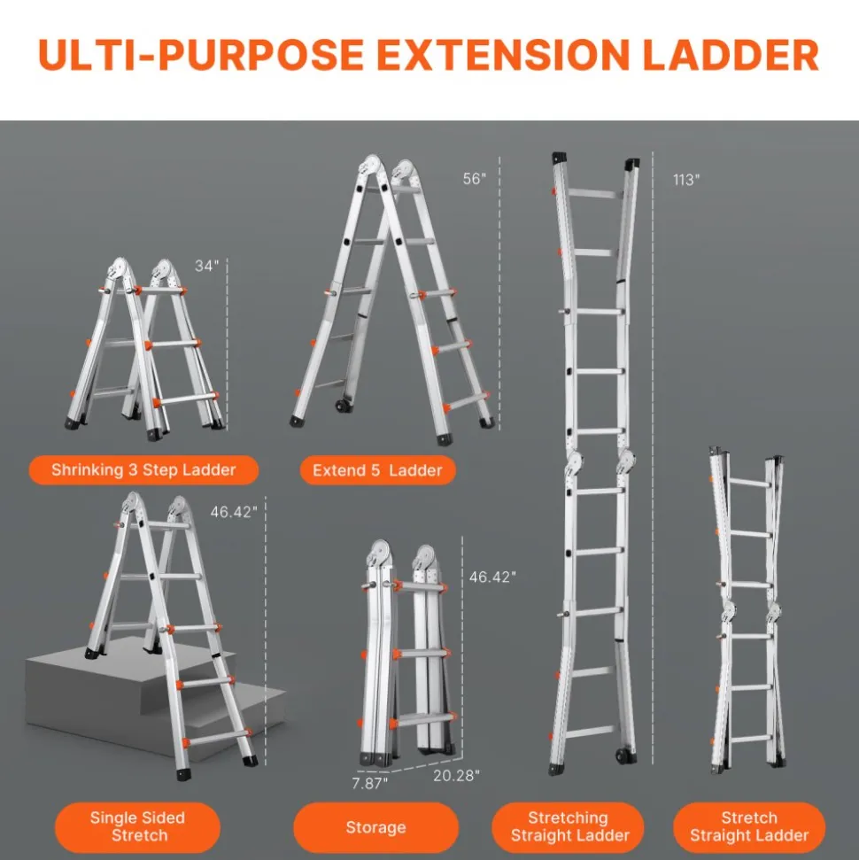 VEVOR Telescoping Ladder A Frame, 20.5 FT Compact Aluminum Extension Ladder, Multi-Function Portable Collapsible RV Ladder, Telescopic Ladder for Homework Stairs Indoor Outdoor Roof, 330lb Load