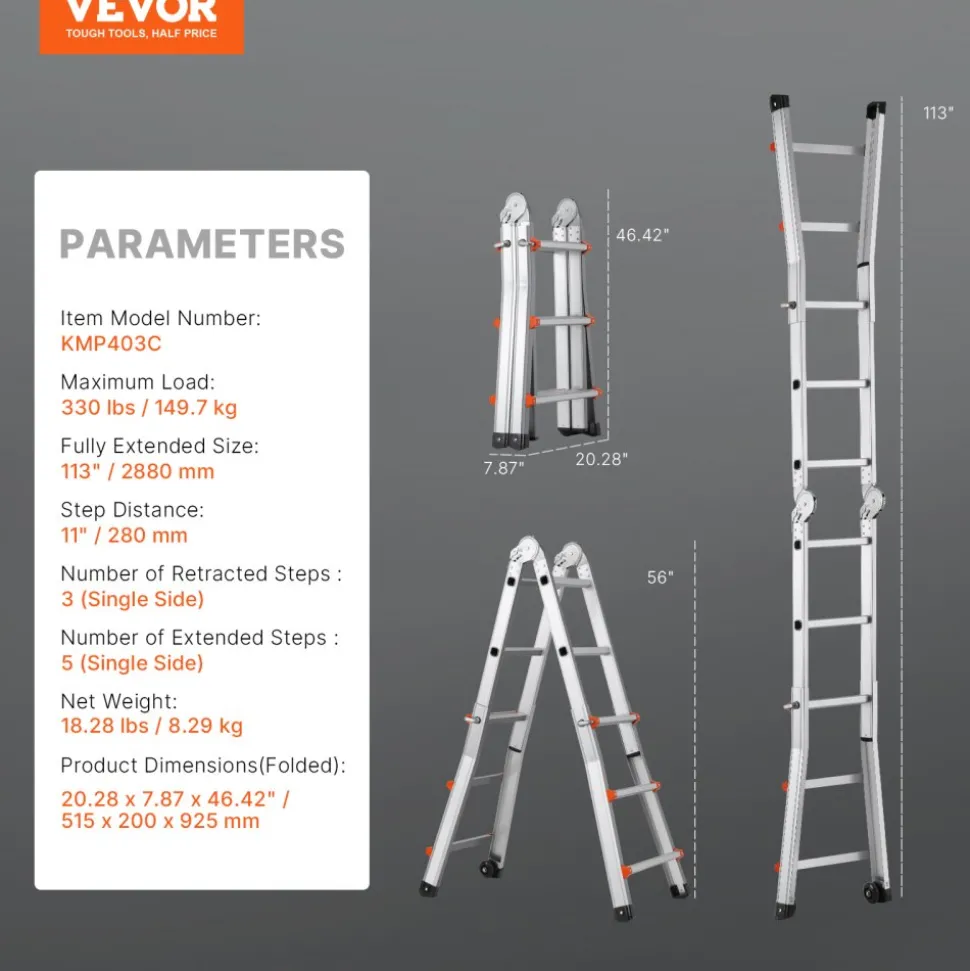 VEVOR Telescoping Ladder A Frame, 20.5 FT Compact Aluminum Extension Ladder, Multi-Function Portable Collapsible RV Ladder, Telescopic Ladder for Homework Stairs Indoor Outdoor Roof, 330lb Load