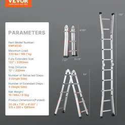 VEVOR Telescoping Ladder A Frame, 11 FT Compact Aluminum Extension Ladder, Multi-Function Portable Collapsible RV Ladder, Telescopic Ladder for Homework Stairs Indoor Outdoor Roof, 330lb Load