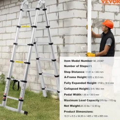 VEVOR Telescoping Ladder, 8.5FT Aluminum Lightweight Extension Ladder, One-button Retraction Collapsible Ladder, 375 LBS Capacity with Non-slip Feet, Portable Compact Ladders for Home, RV, Loft