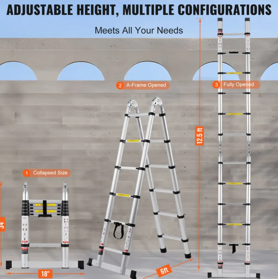 VEVOR Telescoping Ladder, 8.5FT Aluminum Lightweight Extension Ladder, One-button Retraction Collapsible Ladder, 375 LBS Capacity with Non-slip Feet, Portable Compact Ladders for Home, RV, Loft