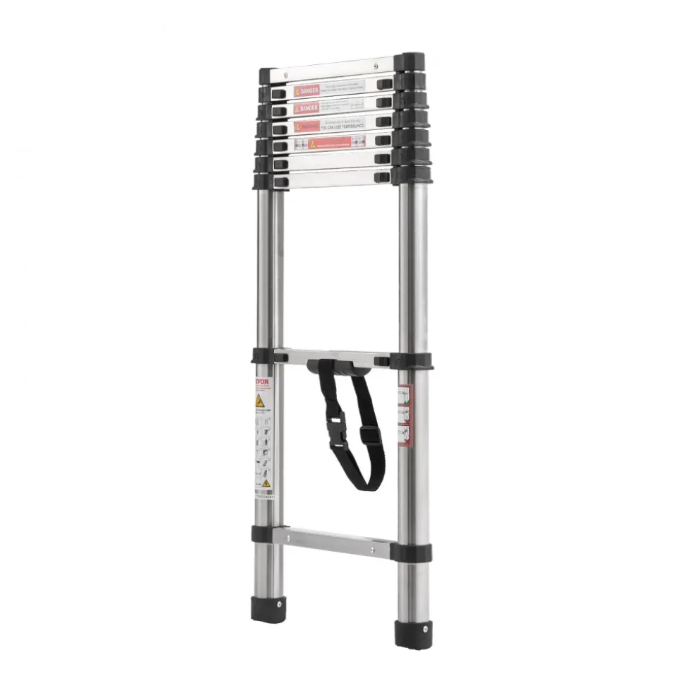 VEVOR Telescoping Ladder, 8.5ft Stainless Steel Lightweight Extension Ladder, Multi-Button Retraction Collapsible Ladders, 330LBS Capacity & Non-Slip Feet, Portable 9-Step Ladders for Home, RV, Loft