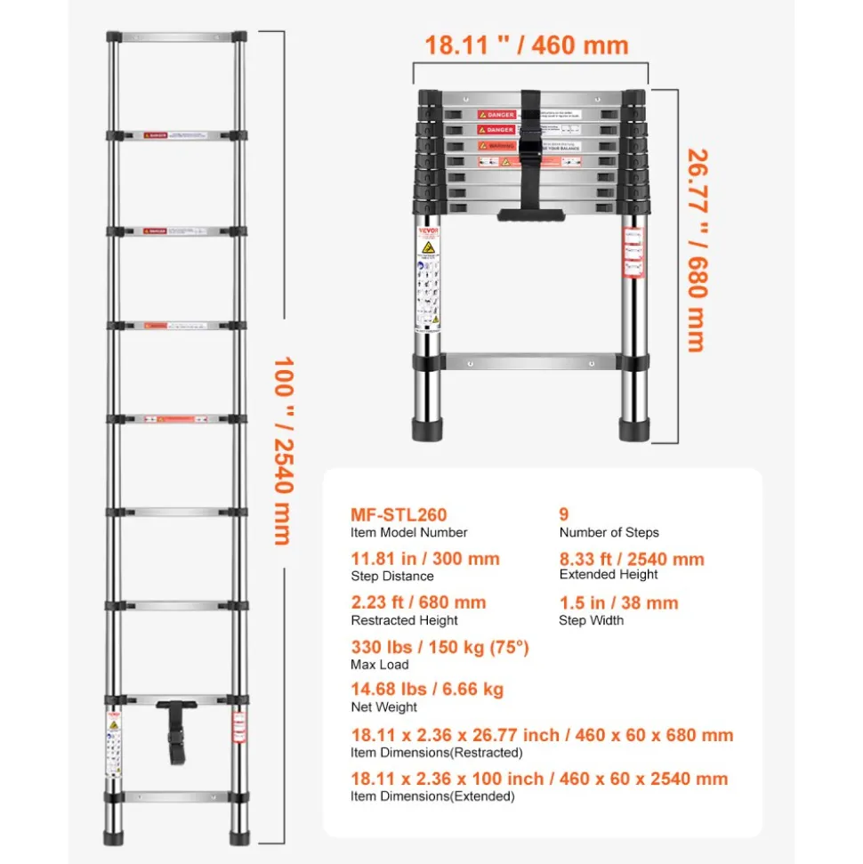 VEVOR Telescoping Ladder, 8.5ft Stainless Steel Lightweight Extension Ladder, Multi-Button Retraction Collapsible Ladders, 330LBS Capacity & Non-Slip Feet, Portable 9-Step Ladders for Home, RV, Loft