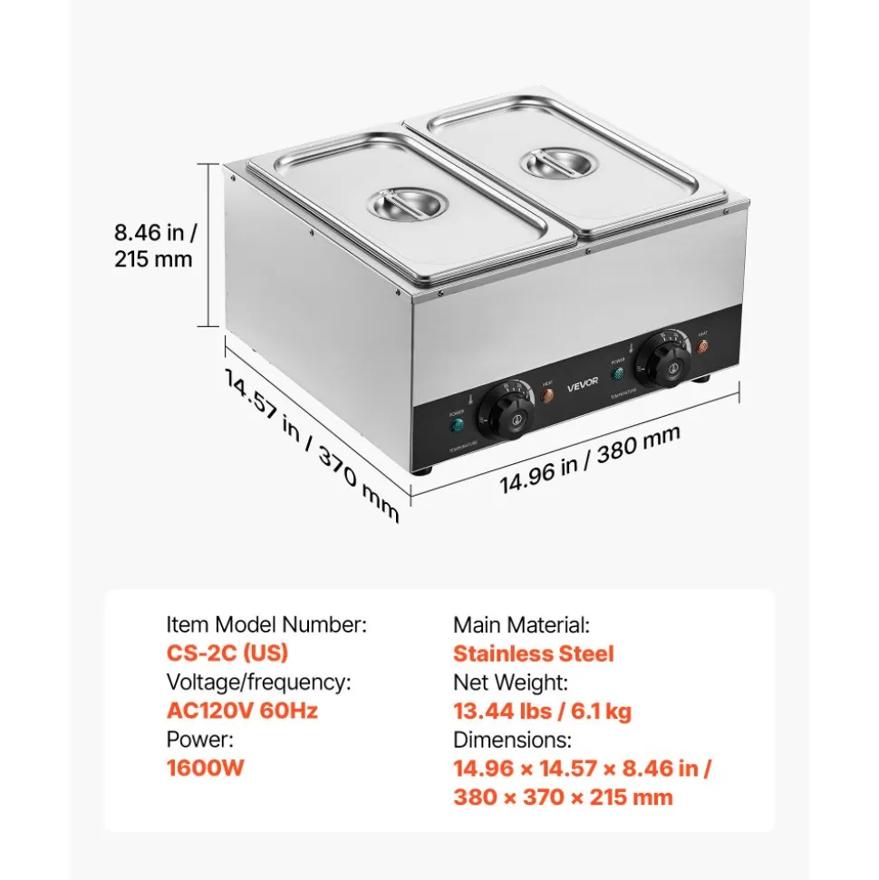 VEVOR 2-Temp Knob Chocolate Melting Machine, 2 Tanks 17.6 Lbs Choc Melter, 1600W Power, Independent Temp Control, Water Bath Heat System, Stainless Steel, 86℉ - 185℉, Cheese Warmer, Commercial & Home
