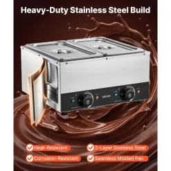 VEVOR 2-Temp Knob Chocolate Melting Machine, 2 Tanks 17.6 Lbs Choc Melter, 1600W Power, Independent Temp Control, Water Bath Heat System, Stainless Steel, 86℉ - 185℉, Cheese Warmer, Commercial & Home