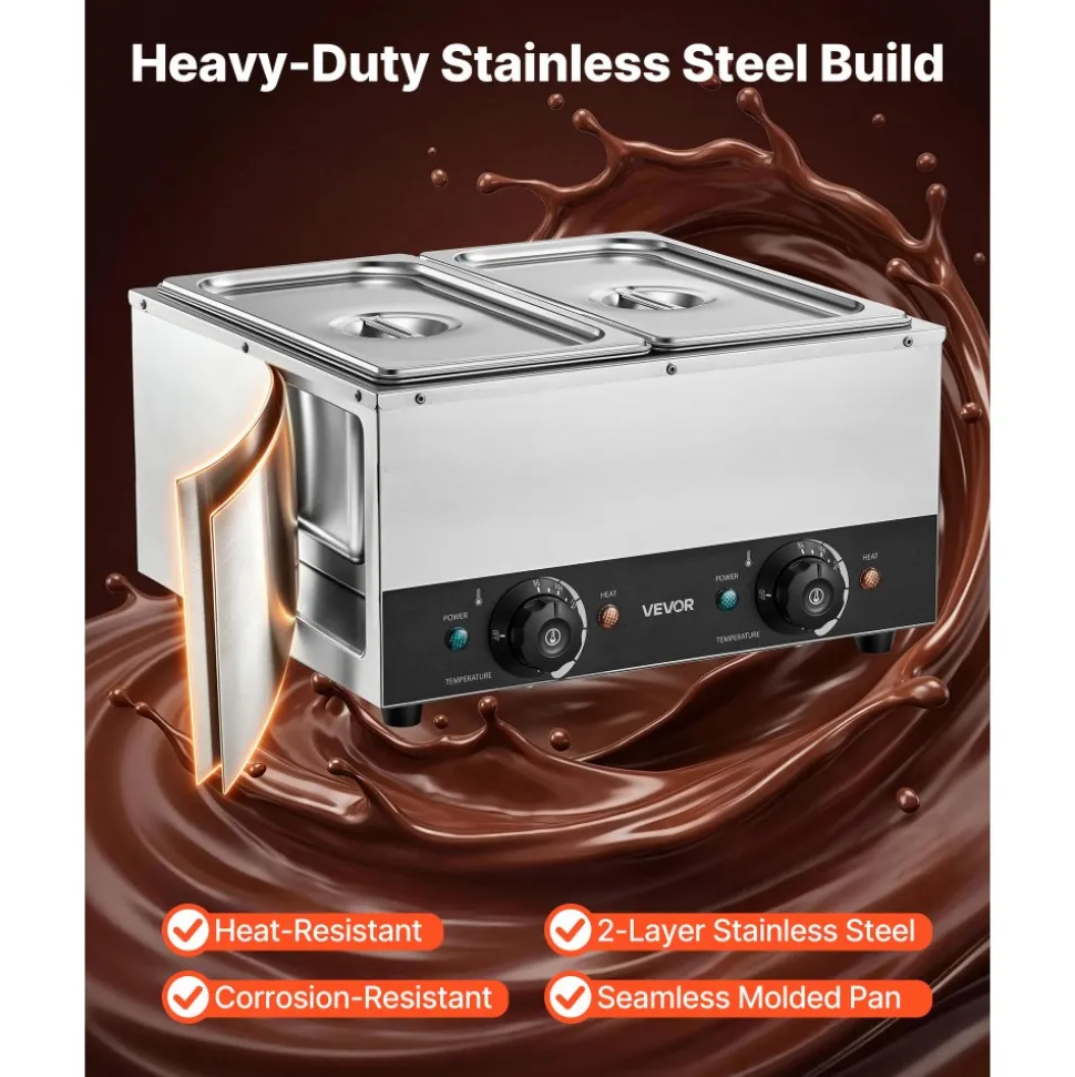 VEVOR 2-Temp Knob Chocolate Melting Machine, 2 Tanks 17.6 Lbs Choc Melter, 1600W Power, Independent Temp Control, Water Bath Heat System, Stainless Steel, 86℉ - 185℉, Cheese Warmer, Commercial & Home