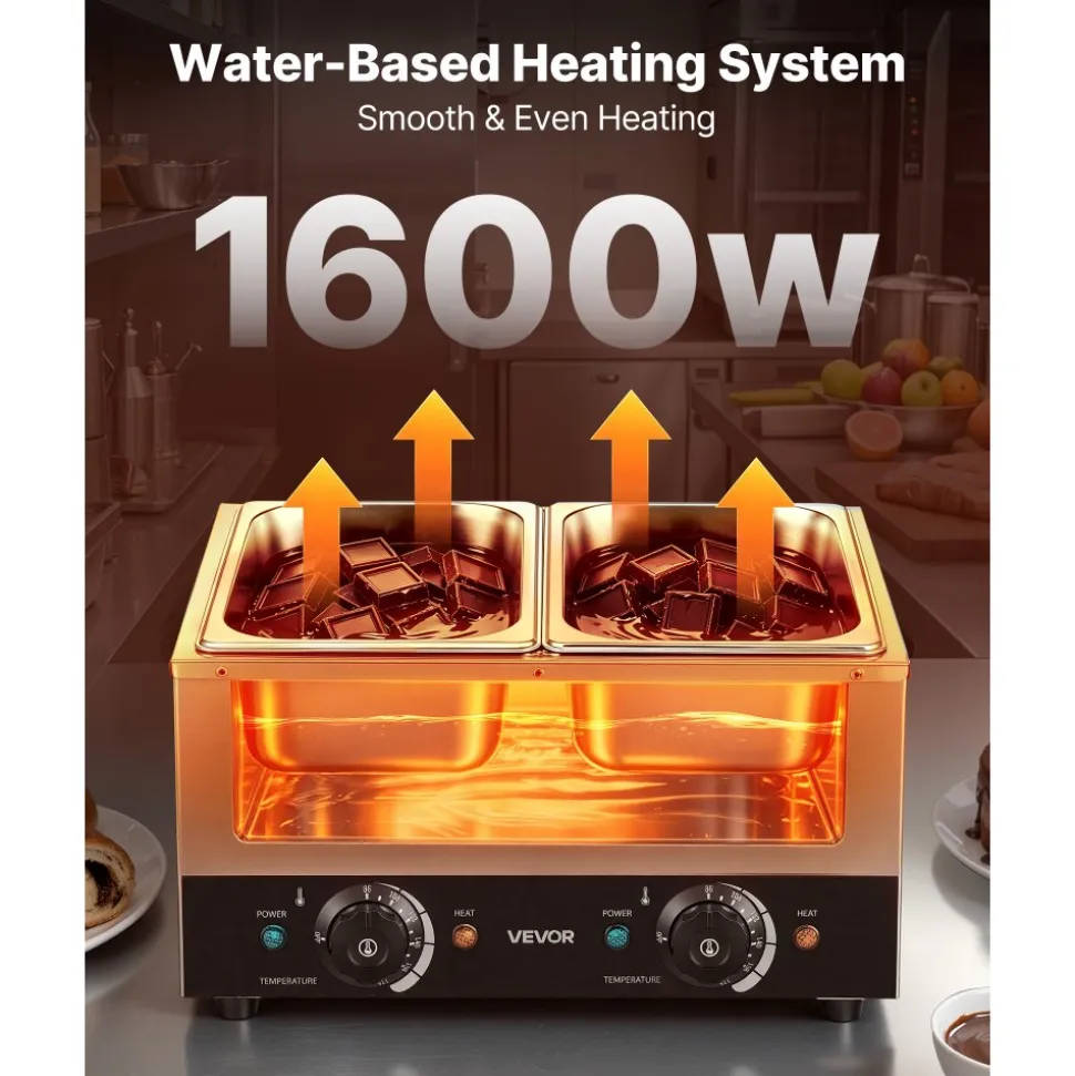 VEVOR 2-Temp Knob Chocolate Melting Machine, 2 Tanks 17.6 Lbs Choc Melter, 1600W Power, Independent Temp Control, Water Bath Heat System, Stainless Steel, 86℉ - 185℉, Cheese Warmer, Commercial & Home