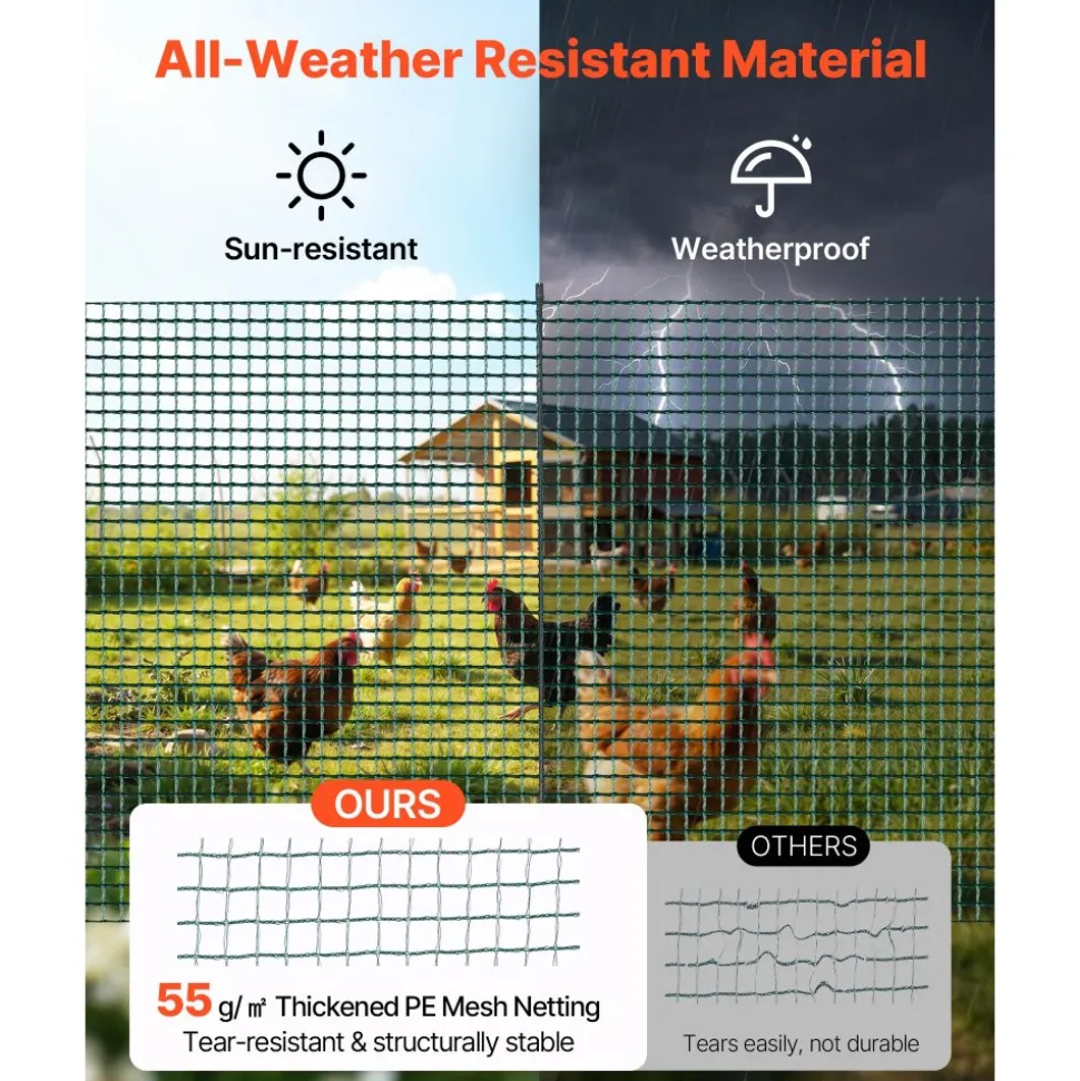 VEVOR Temporary Fence with Posts, 3 x 49.2 FT Plastic Mesh Fencing, Garden Safety Fences Netting with Double-Spike Stakes & Guy Ropes, Temporary Fence for Dogs, Chickens, Plants, Outdoor Yards