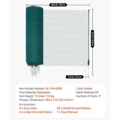 VEVOR Temporary Fence with Posts, 3 x 164 FT Plastic Mesh Fencing, Garden Safety Fences Netting with Double-Spike Stakes & Guy Ropes, Temporary Fence for Dogs, Chickens, Plants, Outdoor Yards