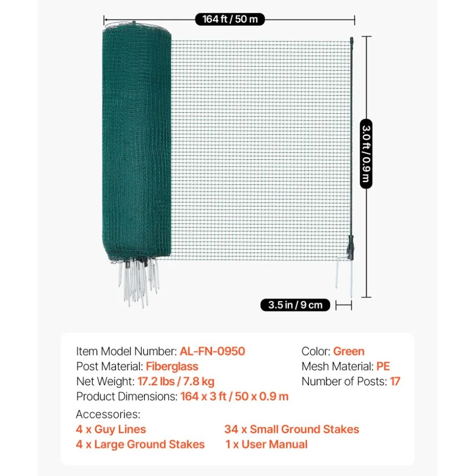 VEVOR Temporary Fence with Posts, 3 x 164 FT Plastic Mesh Fencing, Garden Safety Fences Netting with Double-Spike Stakes & Guy Ropes, Temporary Fence for Dogs, Chickens, Plants, Outdoor Yards
