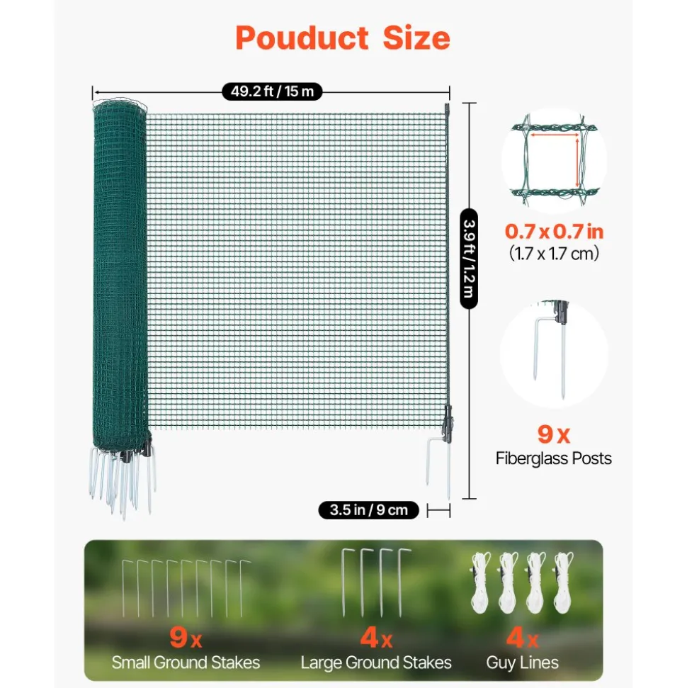 VEVOR Temporary Fence with Posts, 3.9 x 49.2 FT Plastic Mesh Fencing, Garden Safety Fences Netting with Double-Spike Stakes & Guy Ropes, Temporary Fence for Dogs, Chickens, Plants, Outdoor Yards