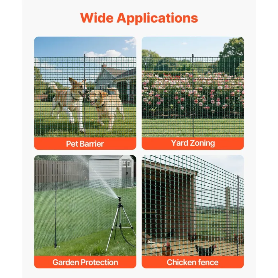 VEVOR Temporary Fence with Posts, 3.9 x 49.2 FT Plastic Mesh Fencing, Garden Safety Fences Netting with Double-Spike Stakes & Guy Ropes, Temporary Fence for Dogs, Chickens, Plants, Outdoor Yards