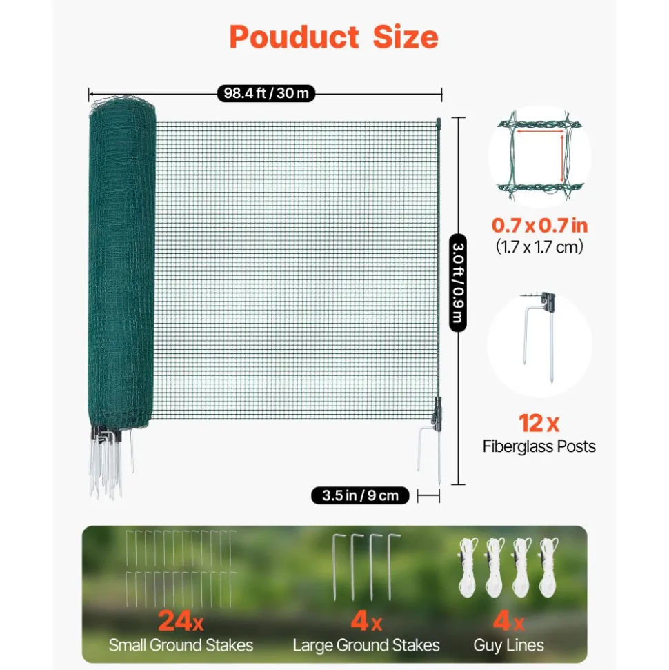 VEVOR Temporary Fence with Posts, 3.9 x 98.4 FT Plastic Mesh Fencing, Garden Safety Fences Netting with Double-Spike Stakes & Guy Ropes, Temporary Fence for Dogs, Chickens, Plants, Outdoor Yards