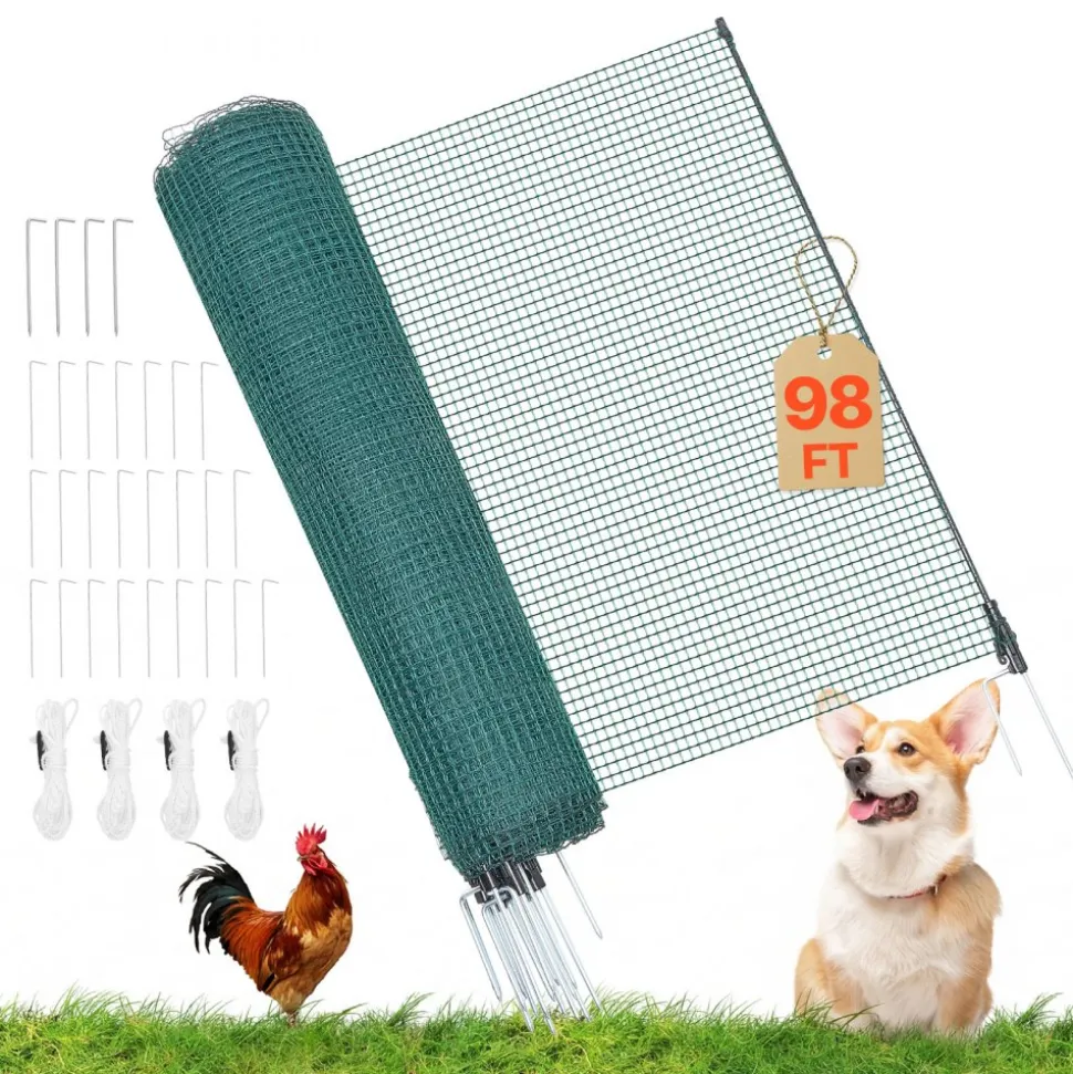 VEVOR Temporary Fence with Posts, 3.9 x 98.4 FT Plastic Mesh Fencing, Garden Safety Fences Netting with Double-Spike Stakes & Guy Ropes, Temporary Fence for Dogs, Chickens, Plants, Outdoor Yards