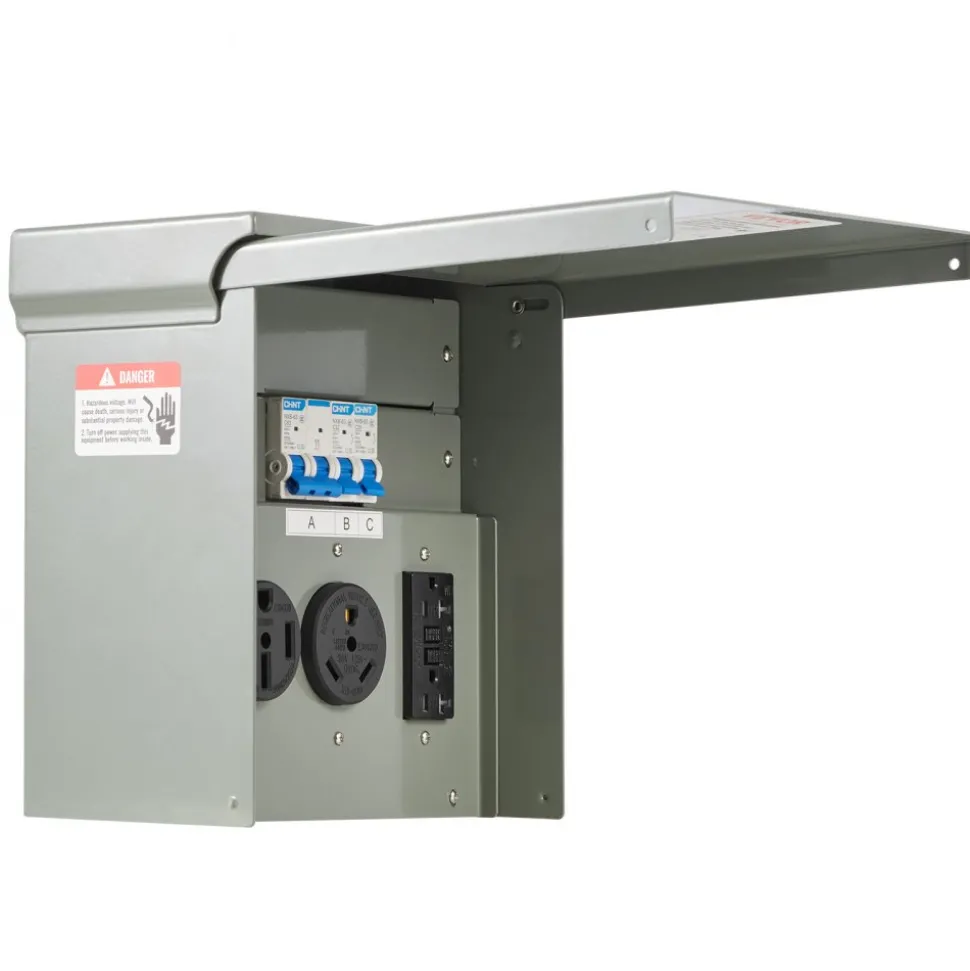 VEVOR Temporary Power Outlet Panel, 20 30 50 Amp, RV EV Electrical Outlet Panel, with NEMA 50 Amp NEMA 30 Amp GFCI 20 Amp Receptacle Installed, Pre-Wired IP54 Weatherproof Box, for RV Camper Motorhome