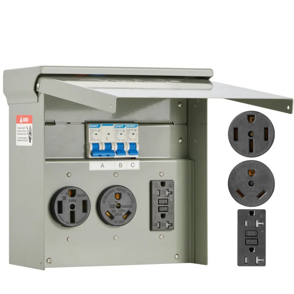 VEVOR Temporary Power Outlet Panel, 20 30 50 Amp, RV EV Electrical Outlet Panel, with NEMA 50 Amp NEMA 30 Amp GFCI 20 Amp Receptacle Installed, Pre-Wired IP54 Weatherproof Box, for RV Camper Motorhome
