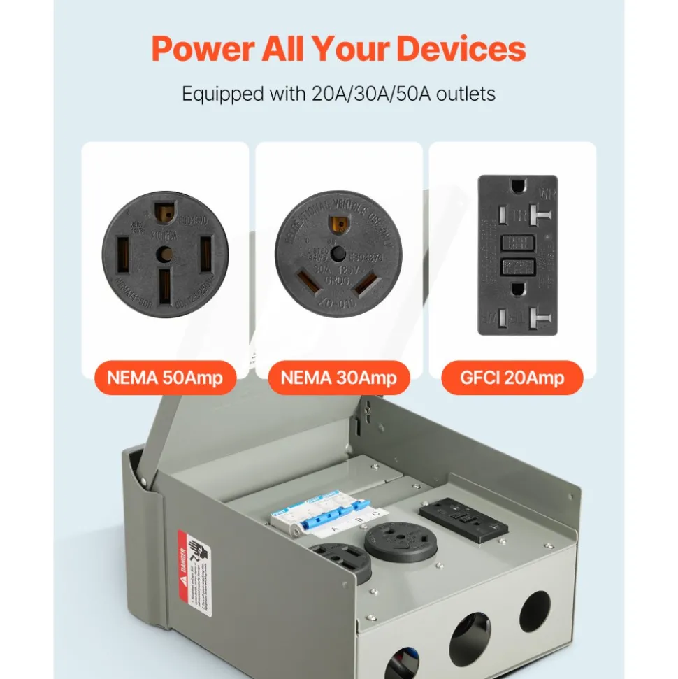 VEVOR Temporary Power Outlet Panel, 20 30 50 Amp, RV EV Electrical Outlet Panel, with NEMA 50 Amp NEMA 30 Amp GFCI 20 Amp Receptacle Installed, Pre-Wired IP54 Weatherproof Box, for RV Camper Motorhome