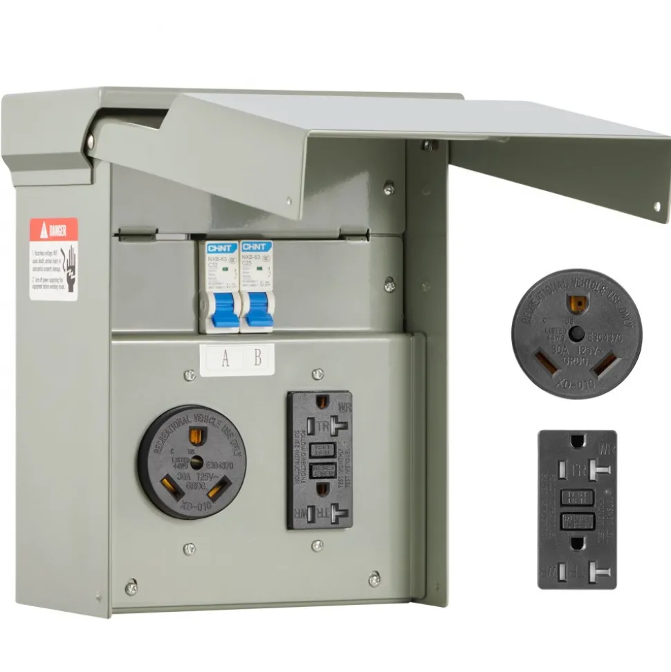 VEVOR Temporary Power Outlet Panel, 20 30 Amp, RV EV Electrical Outlet Panel with NEMA 30 Amp GFCI 20 Amp Receptacle Installed, Pre-Wired IP54 Weatherproof Box, for RV Camper Car Travel Motorhome