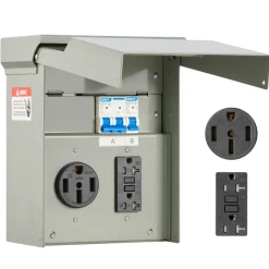 VEVOR Temporary Power Outlet Panel, 20 50 Amp, RV EV Electrical Outlet Panel with NEMA 50 Amp GFCI 20 Amp Receptacle Installed, Pre-Wired IP54 Weatherproof Box, for RV Camper Car Travel Motorhome