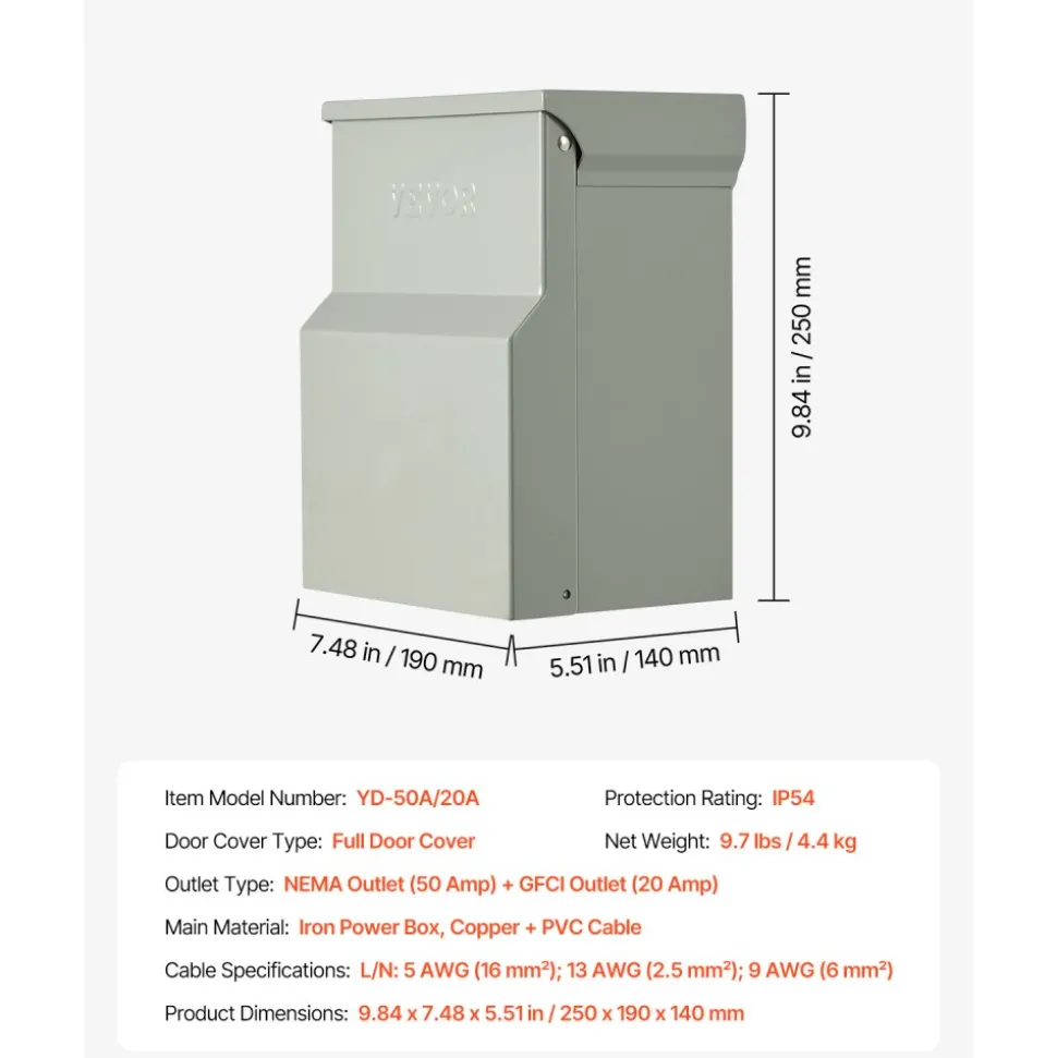VEVOR Temporary Power Outlet Panel, 20 50 Amp, RV EV Electrical Outlet Panel with NEMA 50 Amp GFCI 20 Amp Receptacle Installed, Pre-Wired IP54 Weatherproof Box, for RV Camper Car Travel Motorhome