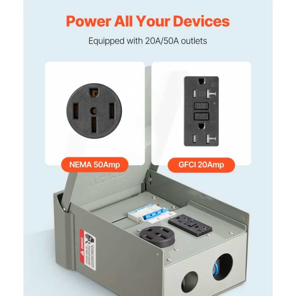 VEVOR Temporary Power Outlet Panel, 20 50 Amp, RV EV Electrical Outlet Panel with NEMA 50 Amp GFCI 20 Amp Receptacle Installed, Pre-Wired IP54 Weatherproof Box, for RV Camper Car Travel Motorhome