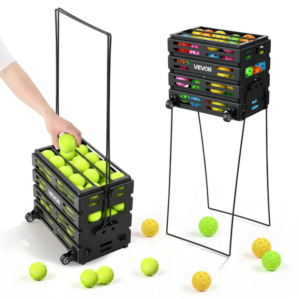 VEVOR Tennis Ball Hopper, Holds 175 Tennis Balls or 290 Pickleballs, Foldable Pickleball Basket Cart with Wheels for Easy Pick Up, Portable Baseball Cart Caddy with Storage Bag, for Training Coaching