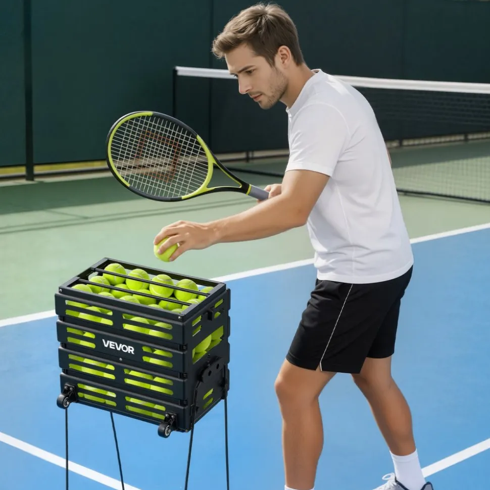 VEVOR Tennis Ball Hopper, Holds 175 Tennis Balls or 290 Pickleballs, Foldable Pickleball Basket Cart with Wheels for Easy Pick Up, Portable Baseball Cart Caddy with Storage Bag, for Training Coaching